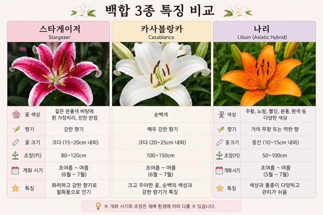 백합 스타게이저, 카사블랑카, 나리 특징 비교: 나에게 맞는 품종은?