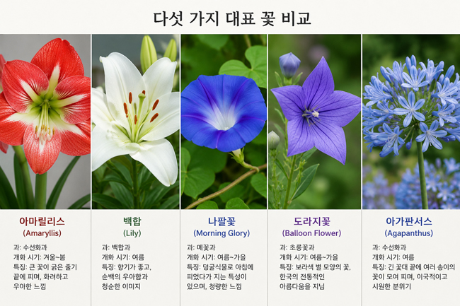 아마릴리스, 백합, 나팔꽃, 도라지꽃, 아가판서스: 사랑스러운 꽃 비교 분석