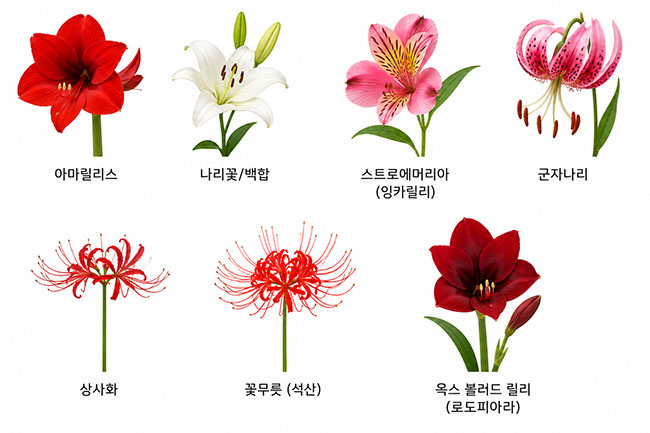 아마릴리스 나리꽃/백합 스트로에머리아(잉카릴리) 군자나리 상사화 및 꽃무릇 (석산) 옥스 블러드 릴리(로도피아라)