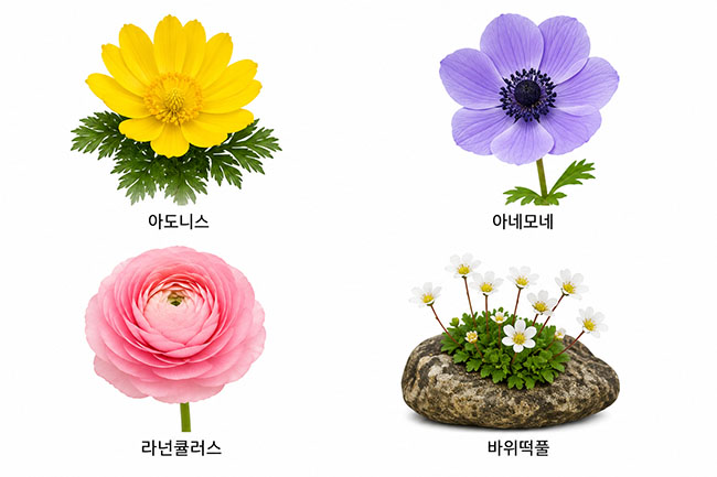 아도니스 아네모네 라넌큘러스 바위떡풀