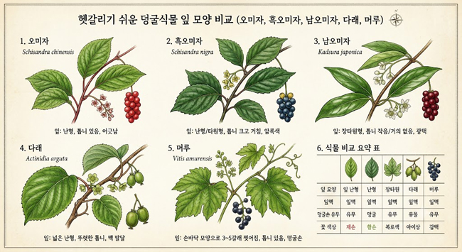 오미자 흑오미자 남오미자 잎 모양 구분법과 다래 머루 덩굴식물 식별 가이드
