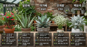 유포르비아 꽃기린 알로에 아가베 안개꽃 백묘국