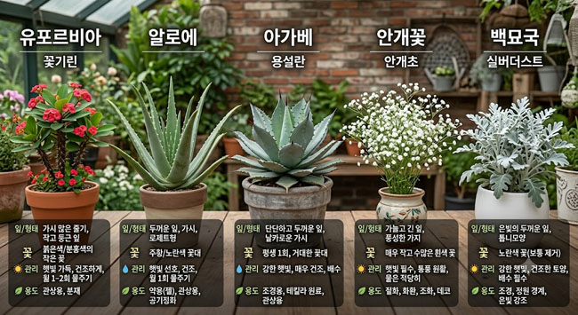 유포르비아 꽃기린 알로에 아가베 안개꽃 백묘국