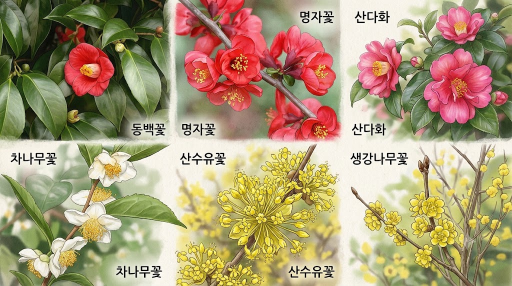동백꽃 명자꽃 산다화(차나무꽃) 산수유·생강나무꽃